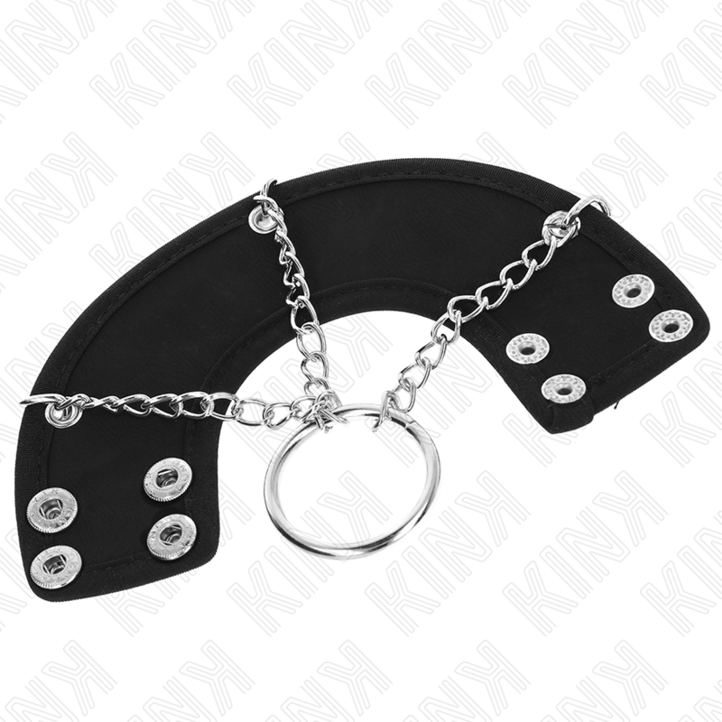 Anello per pene KINK in metallo con catena di 4 cm e cinturina in pelle, colore nero, dettagli di alta qualità.