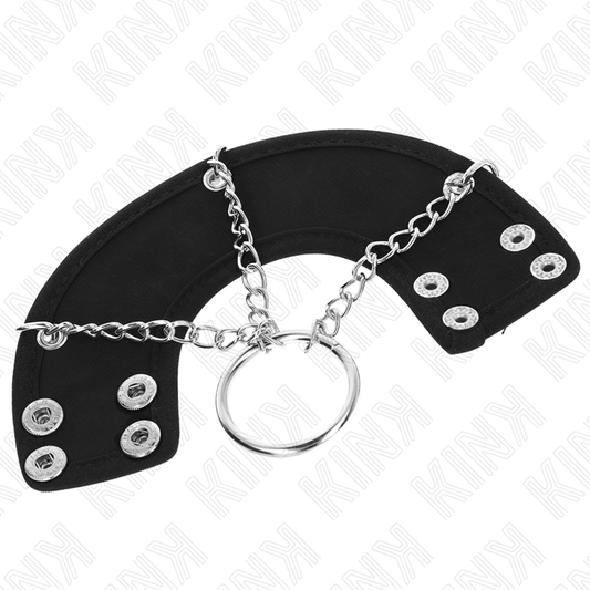 Anello per pene KINK in metallo con catena di 4 cm e cinturina in pelle, colore nero, dettagli di alta qualità.