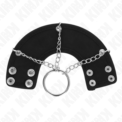Anello per pene KINK in metallo con catena da 4 cm e cinturina in pelle, prodotto della linea KINK RING POWER.