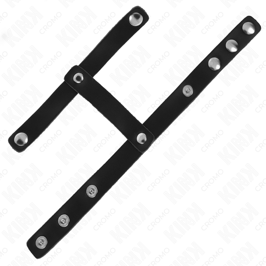 Anello per pene e cinturino divisore per palle regolabile in pelle, prodotto KINK Ring Power, mostrato in primo piano.