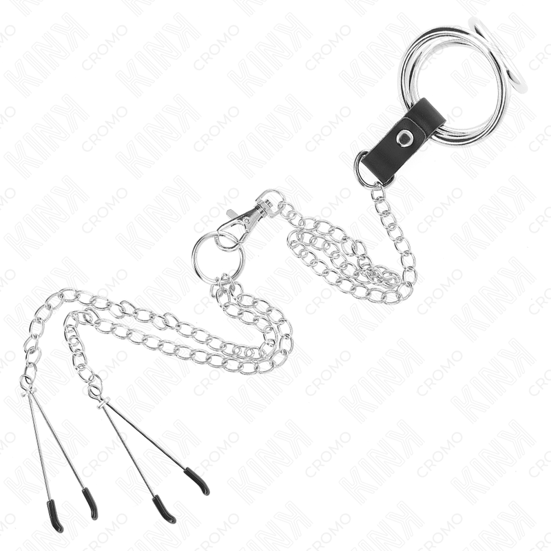 Anello per pene in metallo cromato triplo da 3,8-5 cm, catena in metallo da 26 cm e morsetti per capezzoli KINK RING POWER