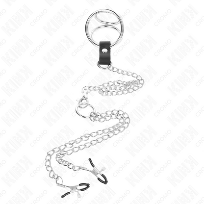Anello per pene in metallo cromato con catena da 26 cm e morsetti per capezzoli, modello KINK RING POWER.