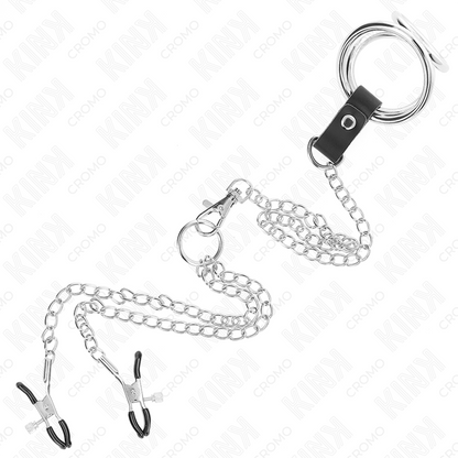 Anello per pene KINK in metallo cromato triplo, con catena da 26 cm e morsetti per capezzoli, prodotto KINK RING POWER.