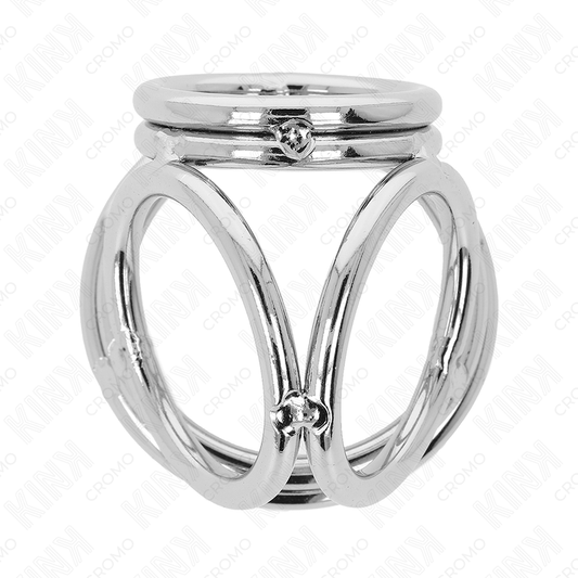 Anello per pene KINK in metallo cromato, modello triplo da 3,8 a 5 cm, con design robusto e superficie lucida.