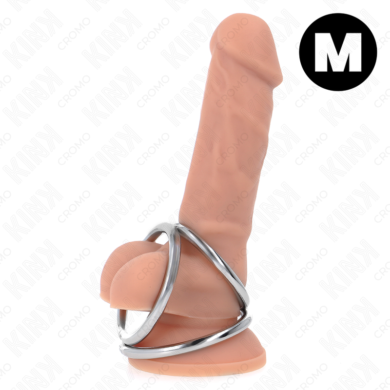 Anello per pene KINK in metallo cromato, modello 2, con diametro da 3,8 cm a 5 cm, design triplo per stimolazione.