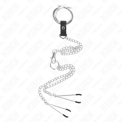 Anello per pene KINK in metallo cromato triplo da 3 a 4,5 cm con catena in metallo da 26 cm e clip per capezzoli, prodotti KINK RING POWER