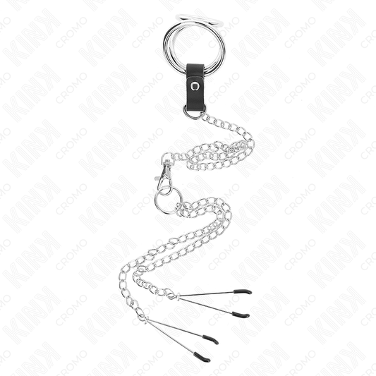 Anello per pene KINK in metallo cromato triplo da 3 a 4,5 cm con catena in metallo da 26 cm e clip per capezzoli, prodotti KINK RING POWER