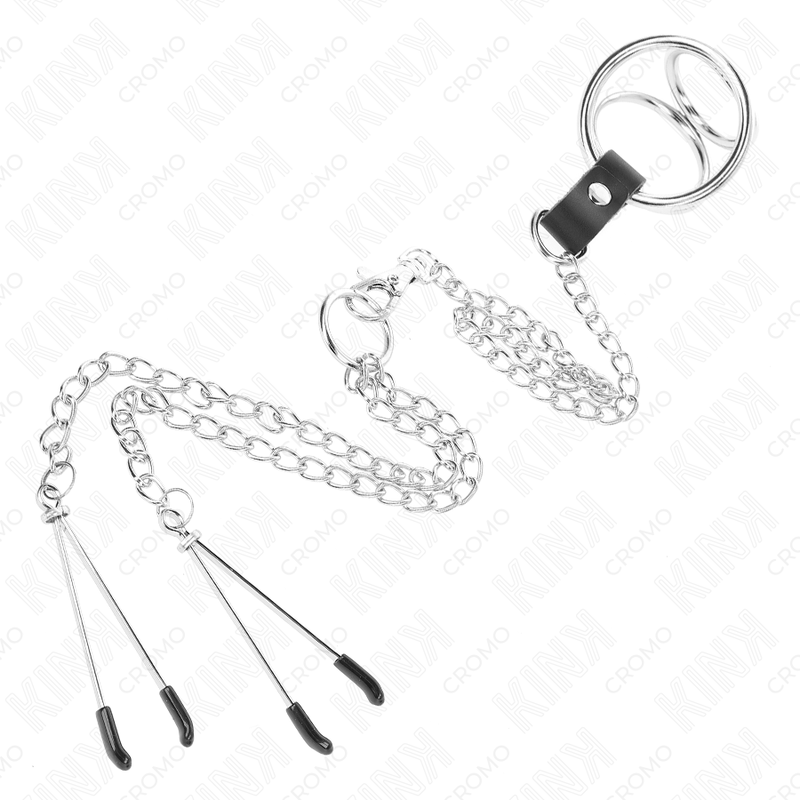 Anello per pene in metallo cromato triplo da 3-4,5 cm con catena in metallo da 26 cm e clip per capezzoli, marca KINK RING POWER