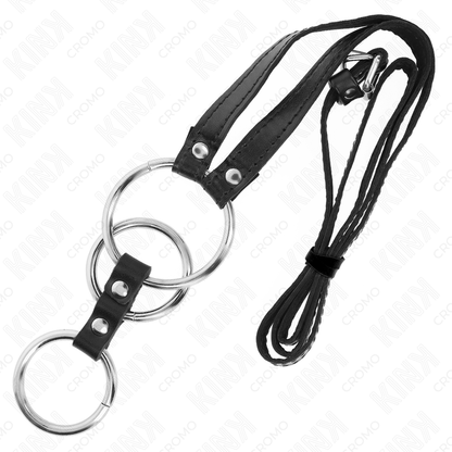 Anello per pene in metallo triplo da 3,8 cm a 5 cm con cintura in pelle da 112 cm, marca KINK RING POWER, visibile in dettaglio