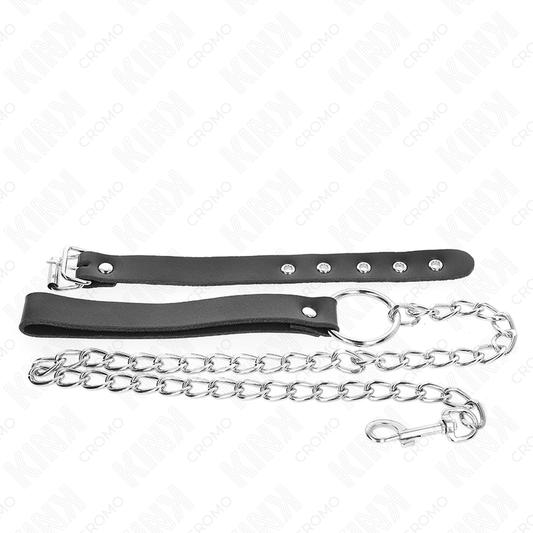 Anello per pene in pelle con cinghia e catena in metallo da 60 cm, prodotto KINK RING POWER, in dettaglio.