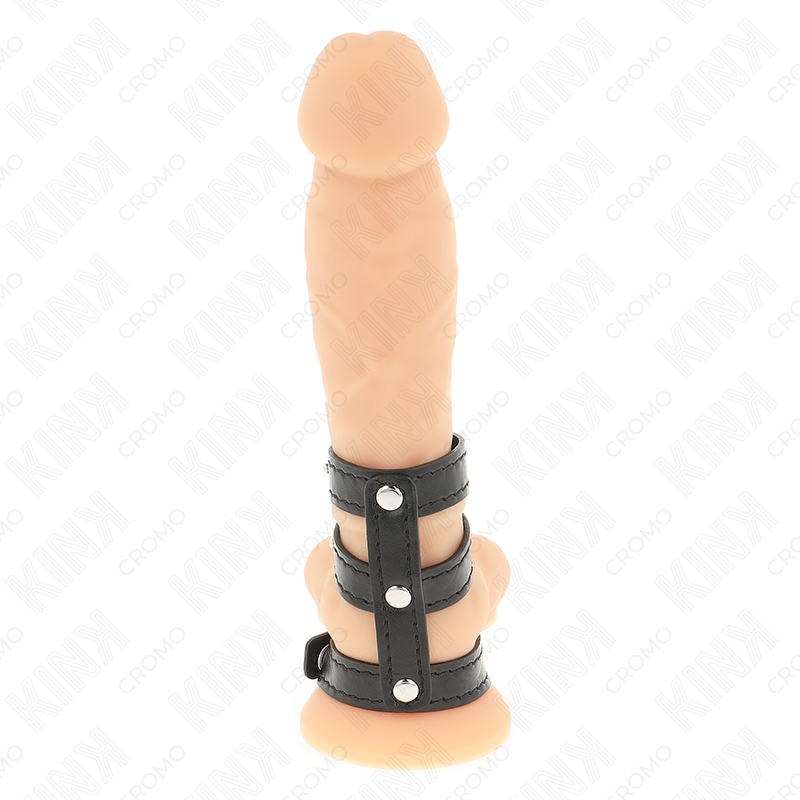 Anello per pene in pelle tripla con chiusura a pressione, marca KINK RING POWER, visibile in dettaglio sull'immagine.