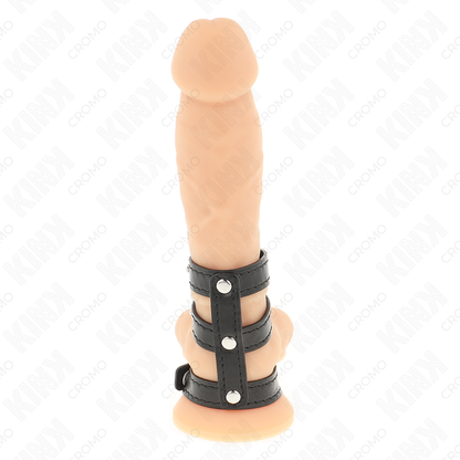 Anello per pene in pelle tripla con chiusura a pressione, marca KINK RING POWER, visibile in dettaglio sull'immagine.