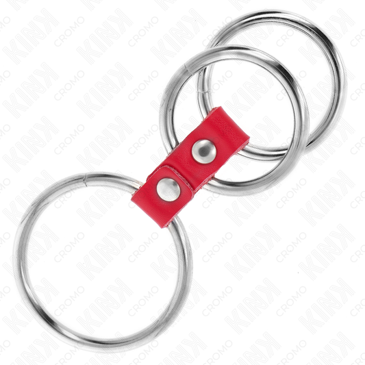 Anello per pene KINK in triplo metallo da 3,7 cm a 5 cm collegato con pelle rossa, ottimo per stimolazione e restrizione.