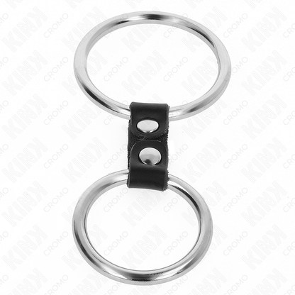 Anello per pene in metallo KINK Doppio, lunghezza 3,7-5 cm, collegato con cinturino in pelle, modello 2, in immagine.