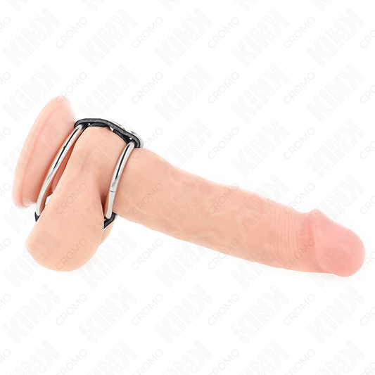 Anello penieno doppio in metallo collegato con pelle, lunghezza regolabile da 3,8 cm a 5 cm, prodotto KINK RING POWER.
