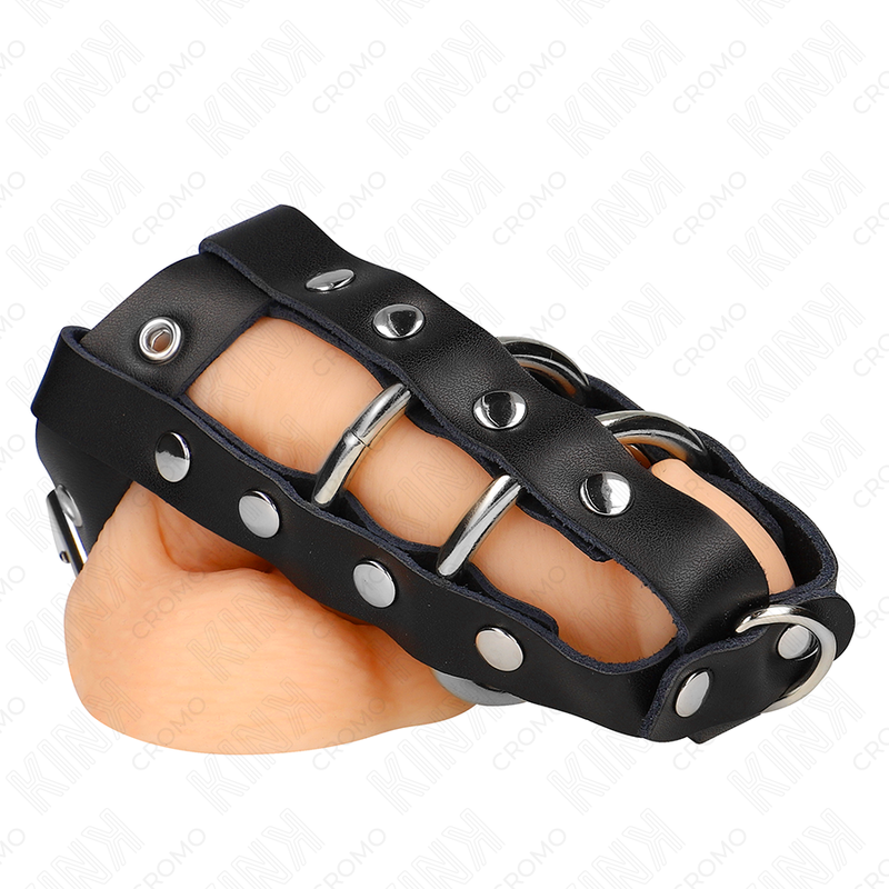 Gabbia per pene regolabile KINK KINK RING POWER con sistema di bloccaggio, in metallo nero, visibile in primo piano.