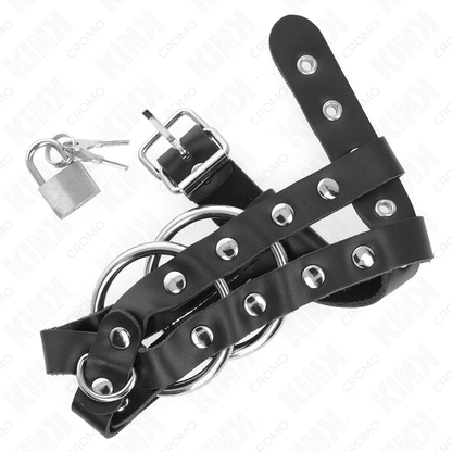 Gabbia per pene regolabile KINK con blocco, anello di potenza KINK RING POWER, in metallo nero, con meccanismo di serraggio.