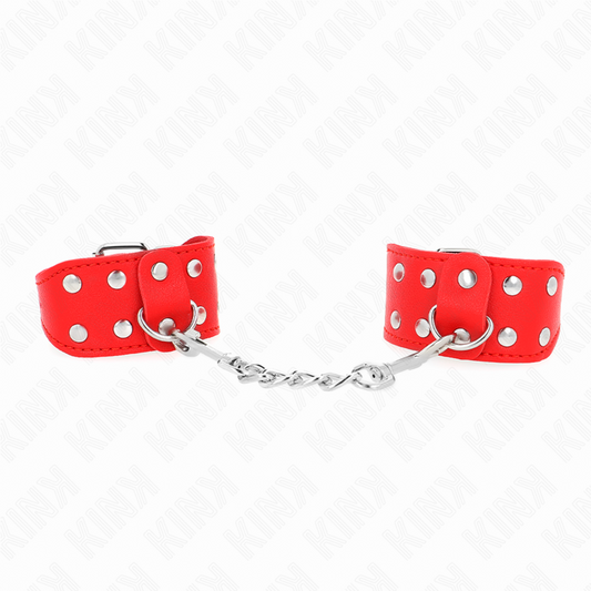 Bracciali regolabili KINK con doppia linea di borchie rosse, cinturini in pelle per restrizione polso, dettagli di moda punk.