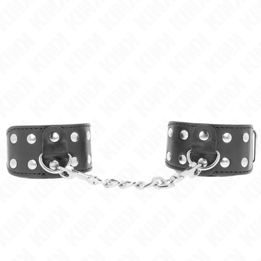 Cinturini con doppia linea di borchie nero della KINK WRIST RESTRAINT, regolabili e in pelle resistente.