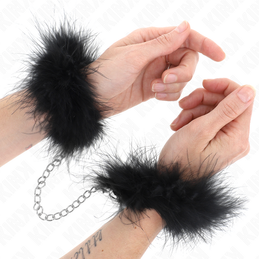 Polsiere in piuma KINK MINI POLSINI in piuma, cinturino in pelle con dettagli in metallo, per giochi di bondage e restrizione.