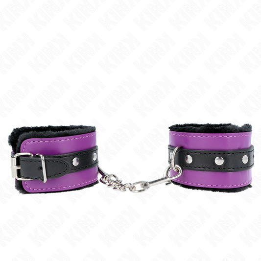 Polsiere regolabile KINK POGGIPOLSI in pelle nera con fodera in pelliccia e cintura viola/nera, lunghezza 17-29 cm, larghezza 6 cm