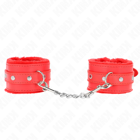 Polsiere imbottite KINK Poggipolsi in pelliccia rossa con cintura regolabile, resistente e comoda, con dettagli in pelle e fibbie.