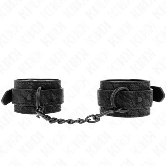 Polsi regolabili KINK con rivestimento in pizzo scuro, cinturini neri da 19 a 26 cm, in tessuto resistente e elegante.