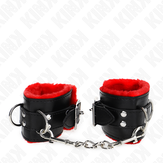 Polsiere imbottite in pelliccia con fori quadri, cinturina rossa e nera regolabile, prodotto KINK WRIST RESTRAINT, immagine dettagliata
