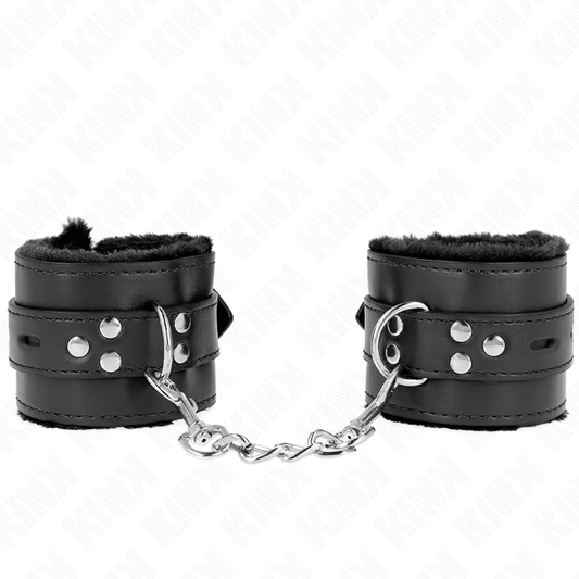 Polsiere imbottite in pelliccia con fori quadrati neri e cintura regolabile KINK WRIST RESTRAINT, lunghezza 17-29 cm.