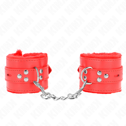 Polsini imbottiti in pelliccia con fori quadri rossi e cintura regolabile, resistenza per KINK Wrist Restraint, lunghezza 17-29 cm, colore rosso