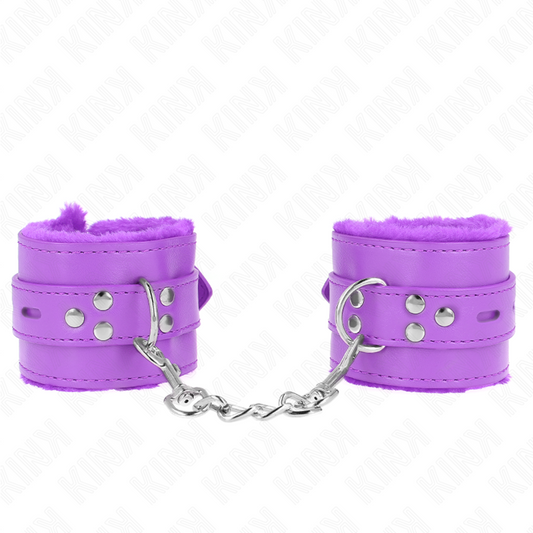 Polsini imbottiti in pelliccia viola con fori quadrati e cintura regolabile, restrizione polsi KINK WRIST RESTRAINT.