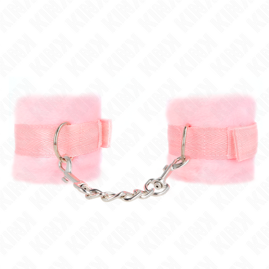 Polsiere in pelliccia rosa KINK WRIST RESTRAINT, 30x7 cm, morbide e confortevoli, adatte ai principianti.
