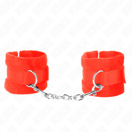 Polsiere in pelliccia rossa KINK WRIST RESTRAINT da 30x7 cm, morbide e calde, perfette per principianti e giochi di bondage.