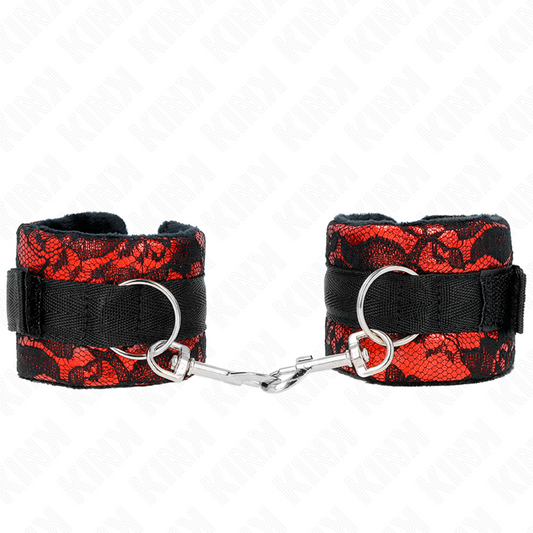 Polso corto in pizzo di velluto e fascia in nylon rosso e nero, prodotto KINK WRIST RESTRAINT, misura 23x6,5 cm.