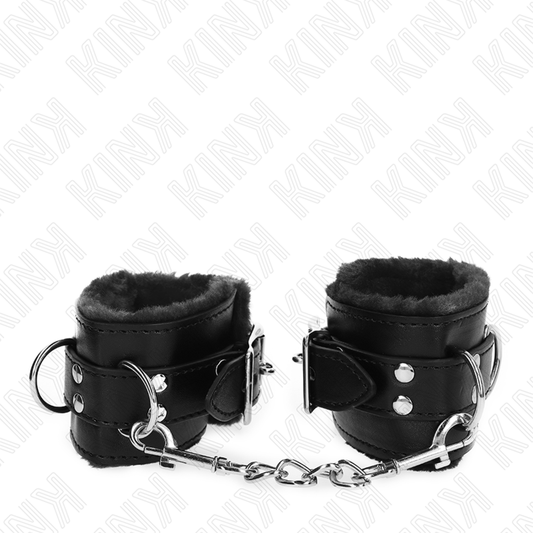 Resistenza da polso imbottita in pelliccia nera della KINK WRIST RESTRAINT, con cinturina regolabile da 17 a 29 cm.