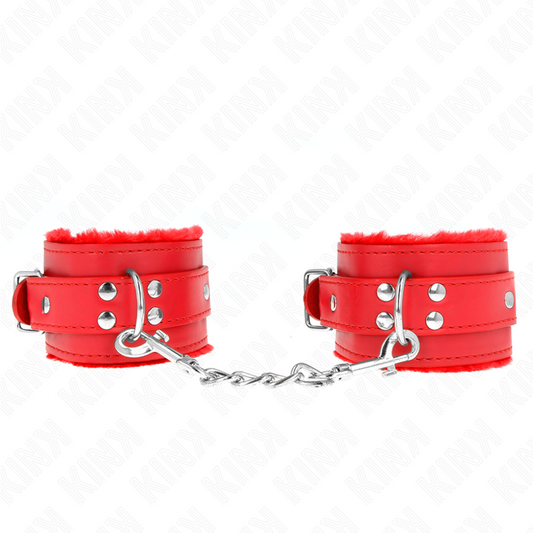 Resistenza da polso imbottita in pelliccia rossa con cinturina regolabile, prodotto KINK Wrist Restraint, per restrizioni e giochi di ruolo.