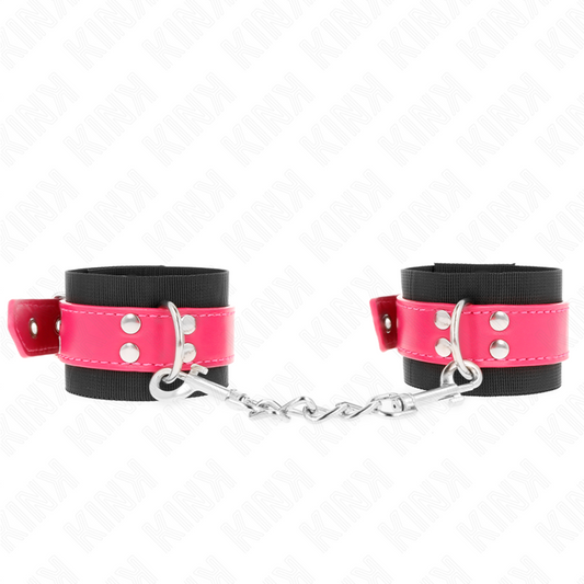 Resistenza da polso KINK in nylon nero con cintura in similpelle rosa lampone regolabile, lunghezza 19-29 cm, larghezza 5,1 cm.