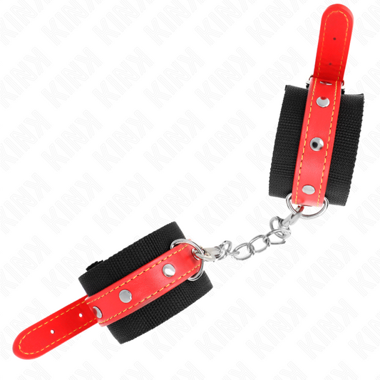 Resistenza da polso KINK in nylon nero con similpelle rossa, regolabile tra 19-24 cm, misura 5,5 cm, resistente e comoda.