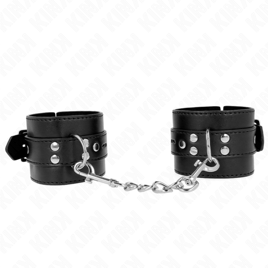 Resistenza da polso KINK nera con cinturina regolabile in pelle, lunghezza 17-28 cm, larghezza 6 cm, accessorio bondage.
