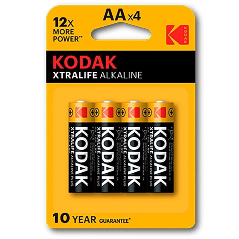 Batterie alcaline KODAK XTRALIFE AA LR6 in blister da 4, alimentano dispositivi elettronici con energia affidabile.