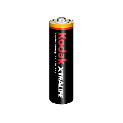 Batterie alcaline KODAK XTRALIFE AA LR6 in blister da 4 pezzi, caricamento e durata elevate, visibili in immagine