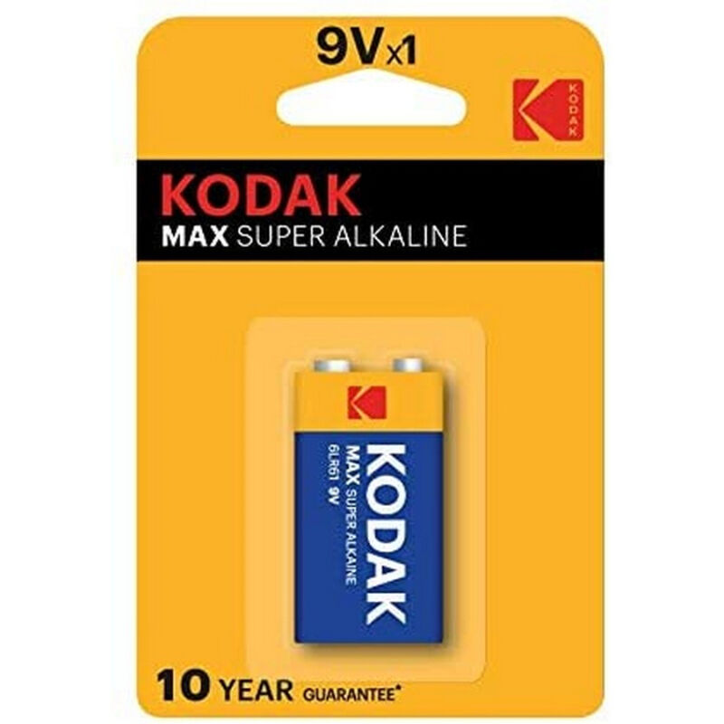 Pila alcalina KODAK Max 9V LR61 con etichetta e contatti metallici visibili, ideale per dispositivi elettronici.