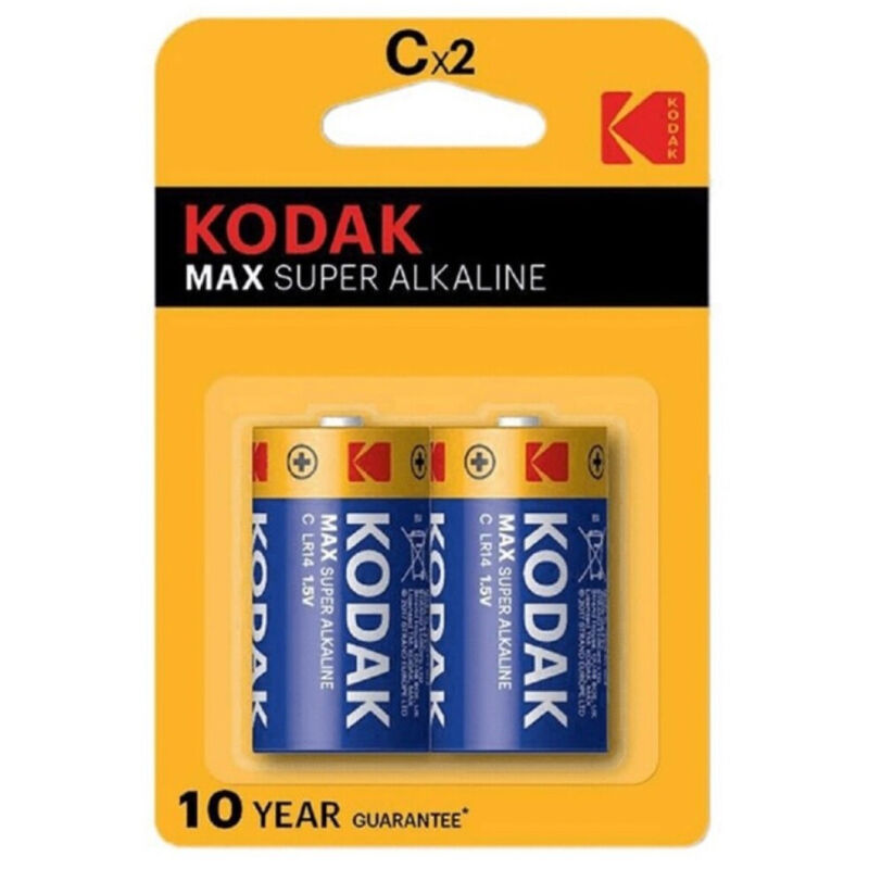 Due batterie alcaline KODAK MAX C LR14 nuove, in confezione da due unità, con etichette e contatti visibili.