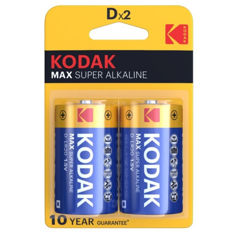 Batterie alcaline KODAK MAX D LR20, due unità, visibili in confezione con etichette e dettagli sul prodotto.