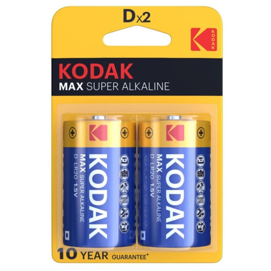 Batterie alcaline KODAK MAX D LR20, due unità, visibili in confezione con etichette e dettagli sul prodotto.