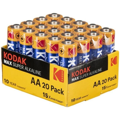 Set di 20 batterie alcaline AA LR6 KODAK, alimentatori affidabili per dispositivi domestici e elettronici.