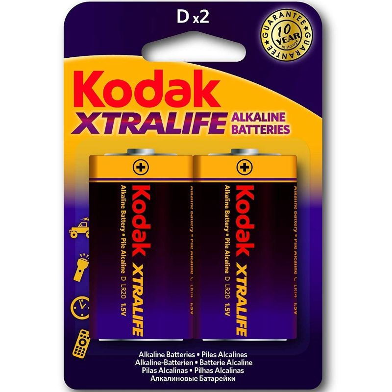 Batterie alcaline KODAK XTRALIFE LR20 D 1.5V, vista della confezione con batterie nuove e etichetta.