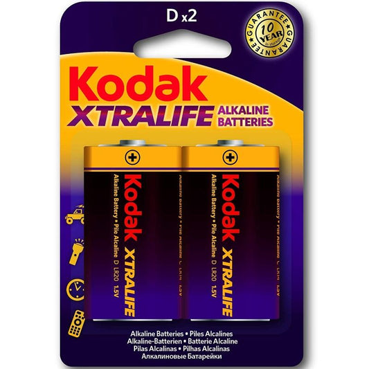 Batterie alcaline KODAK XTRALIFE LR20 D 1.5V, vista della confezione con batterie nuove e etichetta.