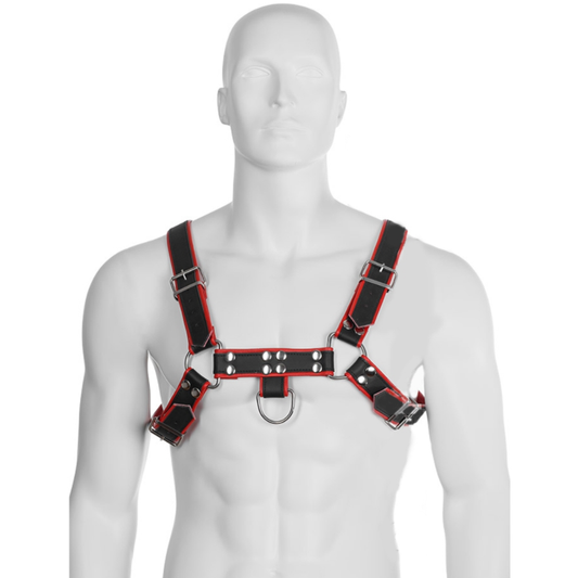 Immagine di un'imbracatura a catena Leather Body Harness III in nero e rosso, con dettagli in pelle e metallo.