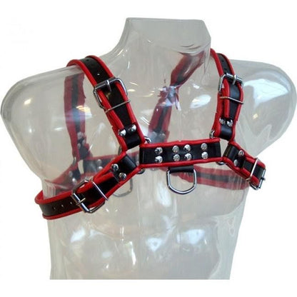 Imbracatura a catena in pelle Leather Body, nero e rosso, con dettagli robusti e design elegante per uso personalizzato.
